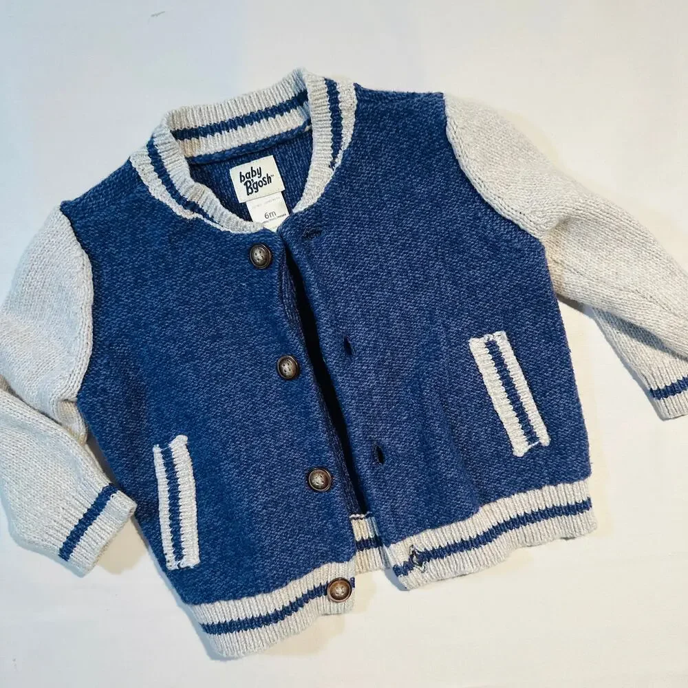 OshKosh B'gosh Baby Navy Jersey Knit Varsity Button-Down Sweater Sz 6m